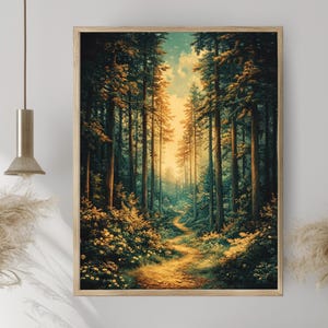 Golden Forest Path Framed Canvas, Enchanted Woodland Wall Art, Natural Wood Frame Decor, Whimsical Boho Home Accent, Best for Nature Lovers