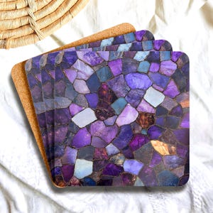 Purple Mosaic Look Stone Coaster Set of 4, Lavender Tile Art Drink Coasters, Modern Geometric Design Gift Set