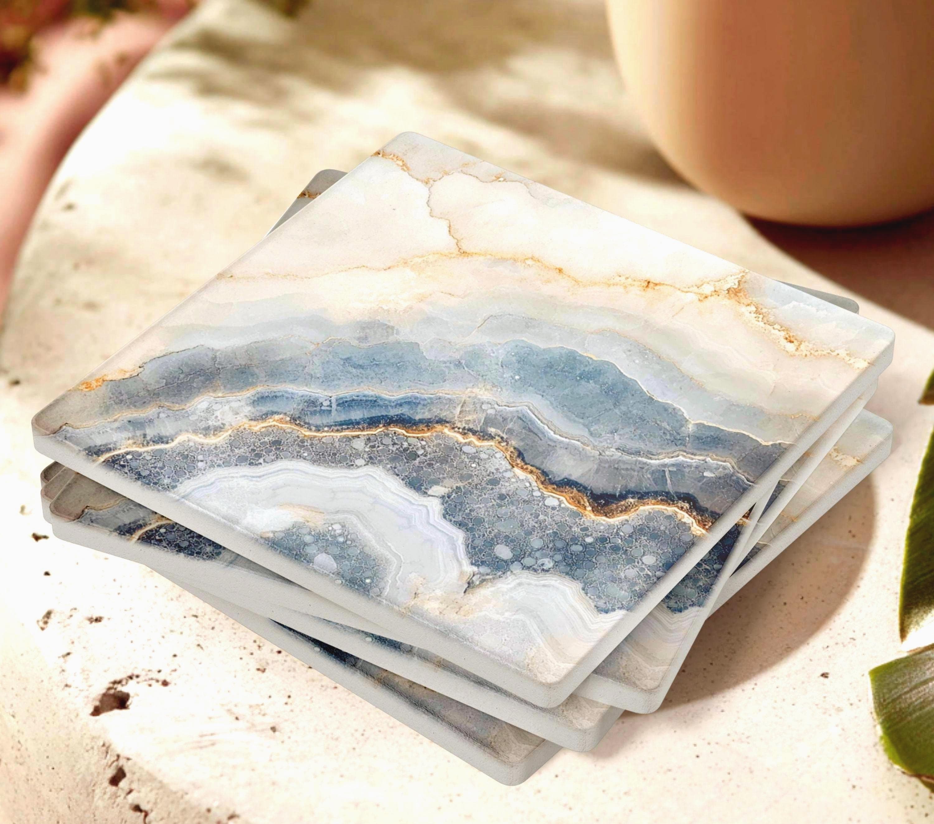 Blue Gray Marble Look Coaster Set of 4, Modern Ocean Layer Stone Design ...