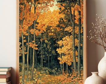 Lienzo enmarcado Bosque Dorado, arte de pared estilo William Morris, lámina de bosque otoñal con árboles, decoración botánica vintage, acento inspirado en la naturaleza.