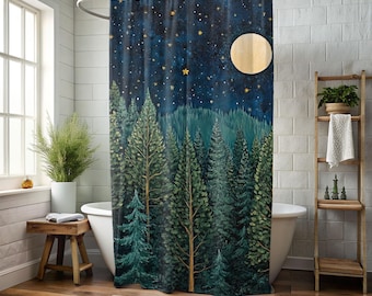 Moonlit Evergreen Forest Shower Curtain, Earthy Bathroom Decor, Serene Woodland Scene Home Decor, Bathroom Accent Autumn