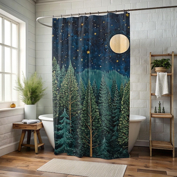 Moonlit Evergreen Forest Shower Curtain, Earthy Bathroom Decor, Serene Woodland Scene Home Decor, Bathroom Accent Autumn
