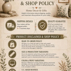 The image is a poster for a company called "HOME BY NATURA" that sells home decor and gifts. It provides shipping details and shop policies, including a 5-7 business day shipping guarantee, a quality guarantee, and a made-to-order policy. The poster also mentions that all items are made to order and that the company is U.S. based. The company thanks customers for supporting their small business.