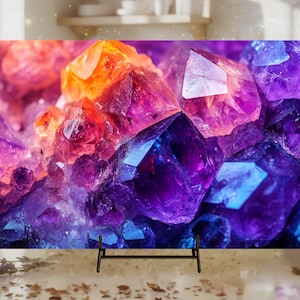 Luxury Gemstone Glass Cutting Board, Amethyst Citrine Fusion Design, Purple Gold Crystal Look Pattern, Radiant Counter, Modern Kitchen Art