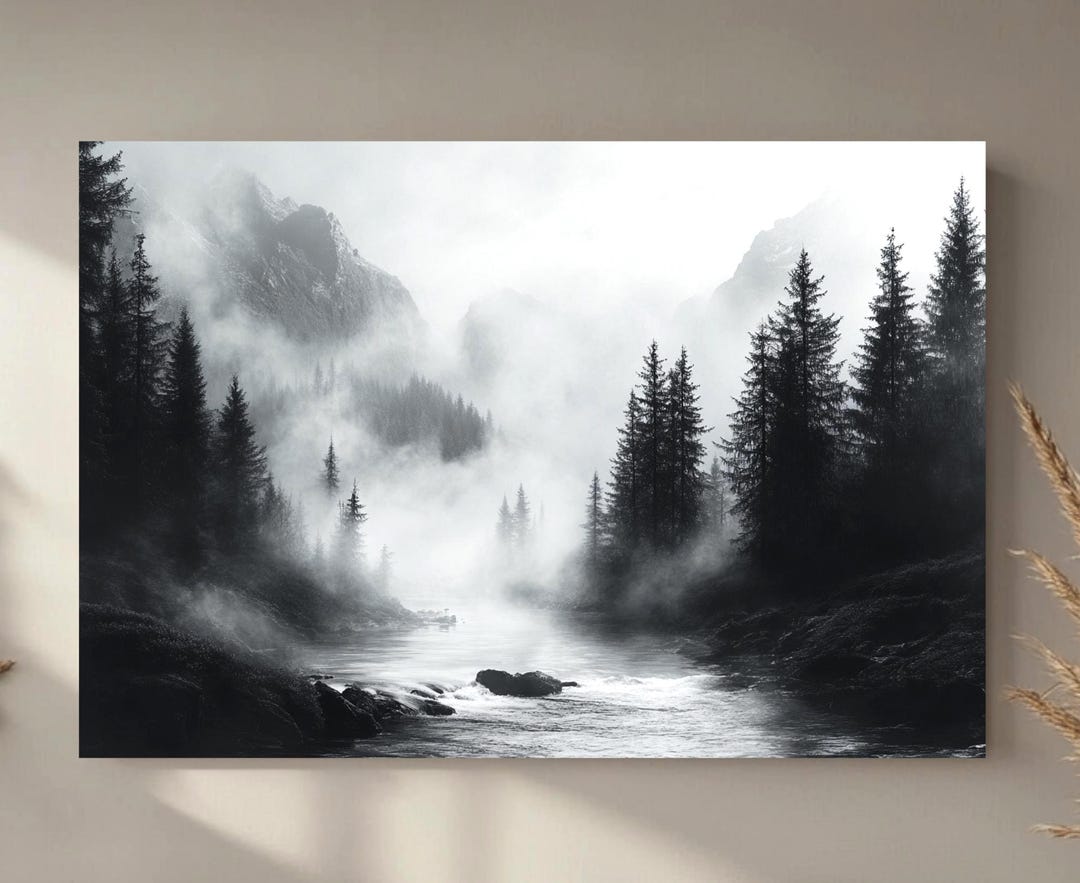 Black and White River Forest Canvas Wall Art, Misty Mountain Landscape ...