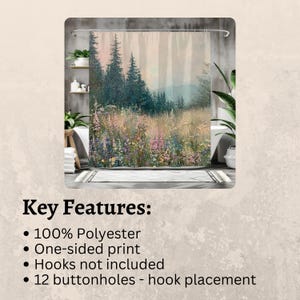 May include: A shower curtain featuring a watercolor-style illustration of a forest scene with a mountain range in the background. The scene includes a variety of trees, flowers, and grasses in shades of green, pink, purple, and blue. The shower curtain is made of 100% polyester and has 12 buttonholes for hanging.