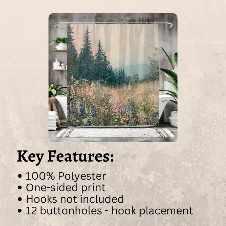 May include: A shower curtain featuring a watercolor-style illustration of a forest scene with a mountain range in the background. The scene includes a variety of trees, flowers, and grasses in shades of green, pink, purple, and blue. The shower curtain is made of 100% polyester and has 12 buttonholes for hanging.