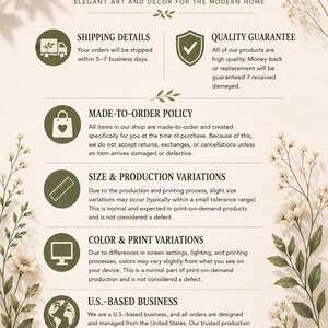 The image is a shipping and policy document with various details about the company's shipping and policies.