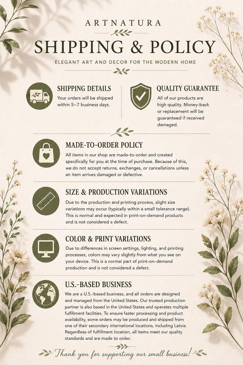 The image is a shipping and policy document with various details about the company's shipping and policies.