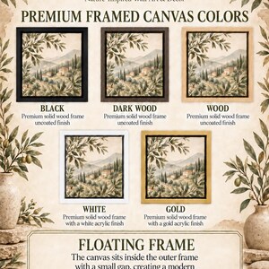 The image is a collage of six framed canvas artworks, each with a different color and frame style, showcasing nature-inspired wall art and decor.