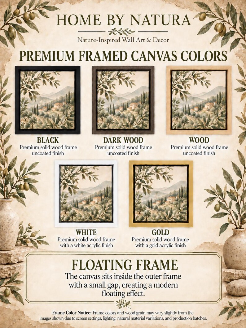 The image is a collage of six framed canvas artworks, each with a different color and frame style, showcasing nature-inspired wall art and decor.