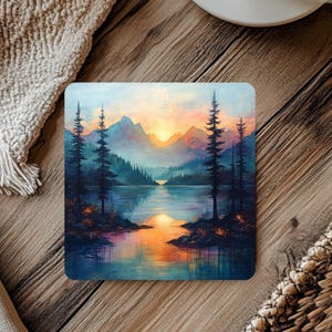 Stone Coaster Set of 4 Sunset Lake, Wilderness Art Coasters, Nature Cabin Decor, Hiking Gift Idea, Gift for Outdoor Lovers