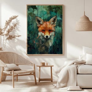 Cuadro decorativo de zorro, impresión en lienzo de fauna silvestre, obra de arte abstracta de animales enmarcada, decoración rústica de bosque, arte mural de naturaleza para la sala de estar. imagen 5