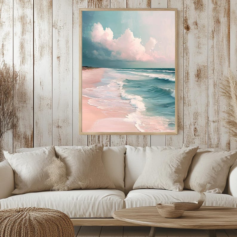 Pastel Beach Waves Wooden Framed Canvas, Soft Coastal Ocean Wall Art ...