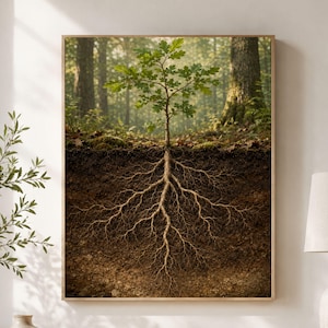 May include: A rectangular wall art print depicting a cross-section view of a young green oak tree. The image shows the leafy branches above ground and an intricate, detailed network of roots extending deep into the dark brown soil layers.