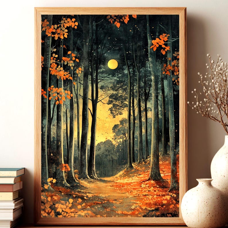 Mond Waldweg gerahmte Leinwand, Verzauberte Nacht Wald Wand Kunst, Goldener Mond Natur Druck, Rustikaler Wald Wohnkultur Akzent Bild 1