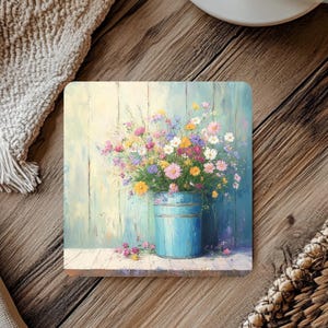 Stone Coaster Set of 4 Wildflower Bucket, Country Floral Art Coasters, Farmhouse Tableware Decor, Gift for Her, Rustic Flower Gift