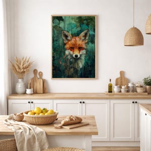 Cuadro decorativo de zorro, impresión en lienzo de fauna silvestre, obra de arte abstracta de animales enmarcada, decoración rústica de bosque, arte mural de naturaleza para la sala de estar. imagen 4