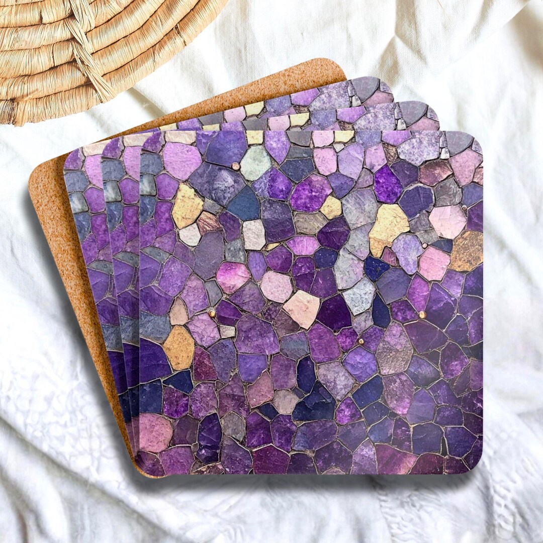 Amethyst Geode Coasters, Faux Crystal Rock Art Drinkware Set, Purple ...