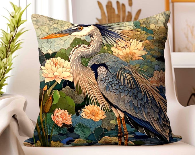 Blue Heron Pillowcase or Pillow, Coastal Throw Pillow, Nature-Inspired Pillows, William Morris Inspired Pillow Cover, Throw Pillow for Couch