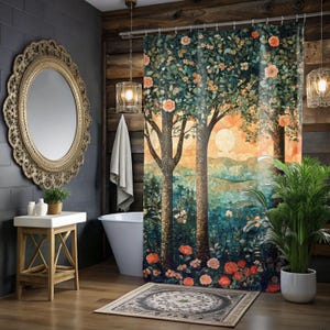 Forest Shower Curtain, Elegant Fall Bathroom Decor, Serene Autumn Forest Home Decor, Bathroom Accent Autumn