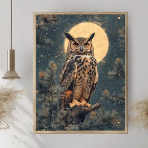 Moonlight Owl Framed Canvas, Mystical Forest Bird Wall Art, Natural Wood Frame Decor, Celestial Boho Home Accent, Best for Cozy Corners