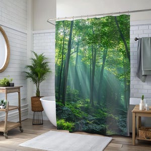 Forest Shower Curtain, Mystical Woodland Bathroom Decor, Enchanted Nature Scene, Foggy Forest Aesthetic, Cottagecore Home Gift