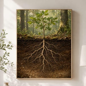 May include: A framed wall art print depicting a cross-section view of a young oak tree. The image shows the green leafy sapling above ground in a forest setting, while the intricate, branching root system is visible beneath the dark brown soil.