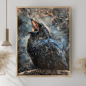 Midnight Raven Framed Canvas, Dark Crow Wall Art, Gothic Bird Print, Natural Wood Frame Decor, Mystical Forest Accent, Moody Nature Art