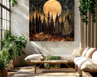 Earthy Forest Wall Art, Vintage Woodland Wall Art, Nature-Inspired Art, Aesthetic Wall Art, Nature Wall Art, Full Moon Decor, Trees Wall Art