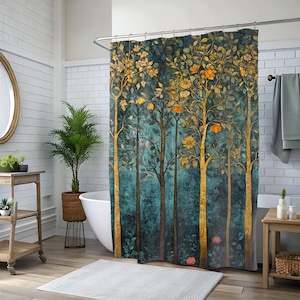 Tall Trees Style Shower Curtain, Elegant Fall Bathroom Decor, Serene Autumn Forest Home Decor, Bathroom Accent Autumn