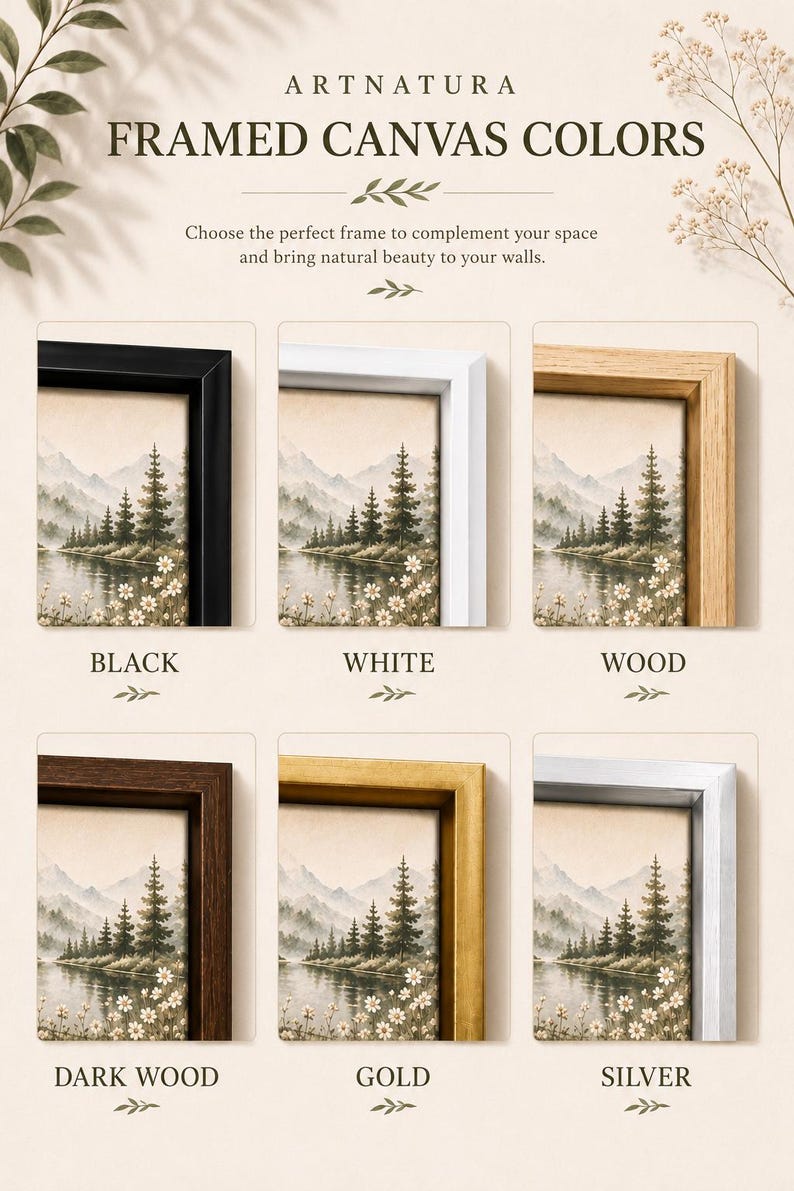 a collection of framed canvas colors, each with a different frame style, arranged in a grid format.