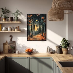 Mond Waldweg gerahmte Leinwand, Verzauberte Nacht Wald Wand Kunst, Goldener Mond Natur Druck, Rustikaler Wald Wohnkultur Akzent Bild 6
