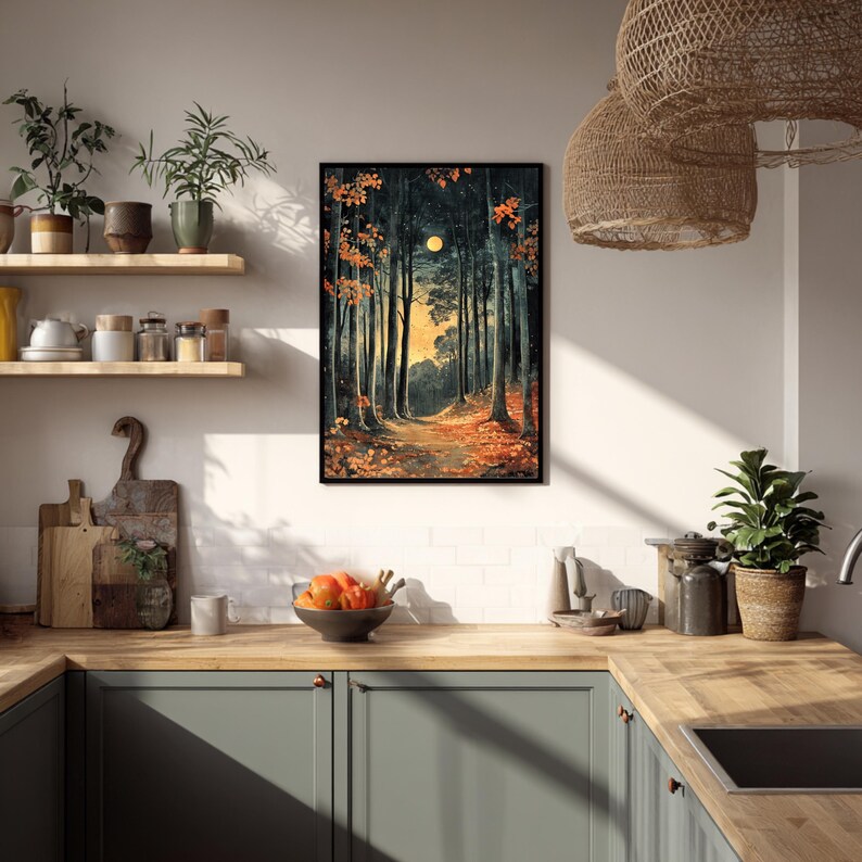 Mond Waldweg gerahmte Leinwand, Verzauberte Nacht Wald Wand Kunst, Goldener Mond Natur Druck, Rustikaler Wald Wohnkultur Akzent Bild 6