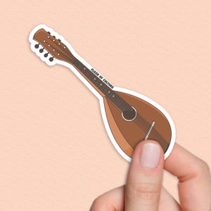 May include: A brown wooden mandolin with a white outline. The mandolin has a round sound hole and a text label that reads "FLASH OF CULTURE".