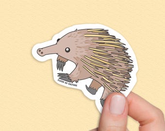 Puede incluir: Una pegatina de dibujos animados de un equidna, un pequeño mamífero nativo de Australia y Nueva Guinea, con un cuerpo marrón y espinas amarillas. El equidna camina sobre sus patas traseras y tiene un pequeño hocico puntiagudo. La pegatina tiene el texto "Flash of Culture" en la parte inferior.