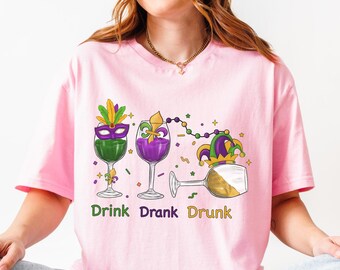 Celebrate in Style with this Mardi Gras Drinking Party Shirt, Wine Mardi Gras Beads Shirt , Mardi Gras Carnival Tee, Fat Tuesday Wine Shirt