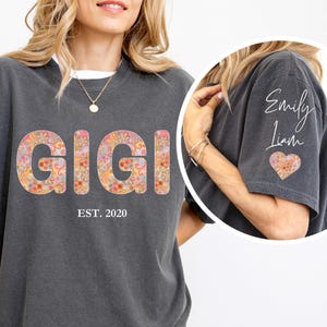 Personalized Floral Grandma Shirt with Kid Names on Sleeve Comfort Colors®, Custom Floral Gigi Shirt, Mothers Day Gift, Retro Grandma Shirt