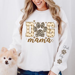 Personalized Dog Mama Leopard Sleeve Sweatshirt, Custom Dog Lover Sweatshirt, Dog Mama Sublimation Shirt, Leopard Print Paw Graphic Sweater