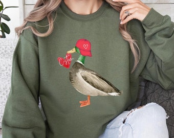 Kundenspezifisches Valentinsgruß-Stockenten-Enten-Sweatshirt, personalisiertes Jagd-Valentinstagshemd, niedliches Valentinstags-Sweatshirt, Valentinstagsgeschenk