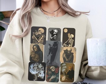 Skeleton Cat Sweatshirt Halloween Spooky Gothic Pullover, Creepy Skeleton Lover Gift, Vintage Skull Cat Sweatshirt, Witchy Cozy Fall Sweater