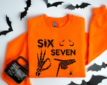 6 7 Halloween Sweatshirt, Funny Skeleton Hands Sweater, Retro Halloween Couples Sweatshirt, Six Seven Sweatshirt, 67 Couples Sweatshirt