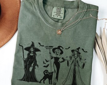 Vintage Halloween Hexe Comfort Colors® Shirt, Halloween Freunde T-Shirt, Herbst Shirts für Frauen, Gruselige Saison T-Shirt, Halloween Hexe Shirt
