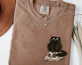 Camiseta vintage de gato negro para Halloween, colores cómodos®, camiseta gótica de gato con calavera, camiseta espeluznante y adorable para amantes de los gatos, camiseta de estética oculta.
