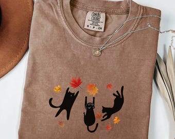 Black Cats and Fall Leaves Tee, Autumn Cat Comfort Colors® Shirt, Cute Fall T-Shirt, Cozy Cat Lover Gift, Autumn Aesthetic Shirt