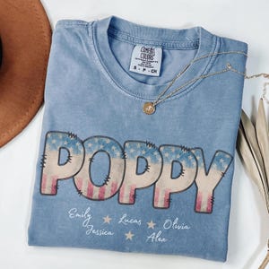 Custom Poppy Comfort Colors® Shirt with Kids&#39; Names, Patriotic Poppy Tshirt, Father’s Day Gift from Kids, Retro American Flag Poppy Shirt