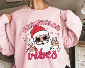 Pink Santa Retro Christmas Sweatshirts, Sweatshirt for Women, Pink Christmas Matching Family Sweaters, Pink Vintage, Christmas Vibes Sweater