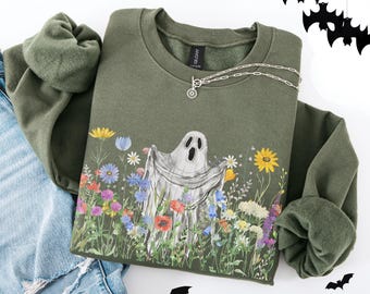 Söt spöke i vildblommor-tröja, läskig höstestetik, Halloween-blommig tröja, retro oktobergrafiktröja, mysig Ghostcore-present