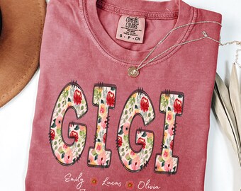 Gepersonaliseerde Gigi Comfort Colors®-shirt met namen kleinkinderen, Gigi-shirt met bloemen, schattig Gigi-T-shirt met bloemen, custom kindernamen oma-shirt