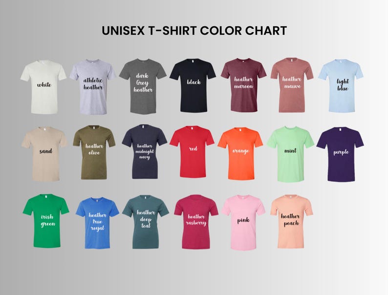 May include: A color chart displaying a variety of unisex t-shirt colors. The chart includes shades like white, black, red, orange, and purple, with text labels such as "athletic heather" and "mint". The text "UNISEX T-SHIRT COLOR CHART" is at the top.